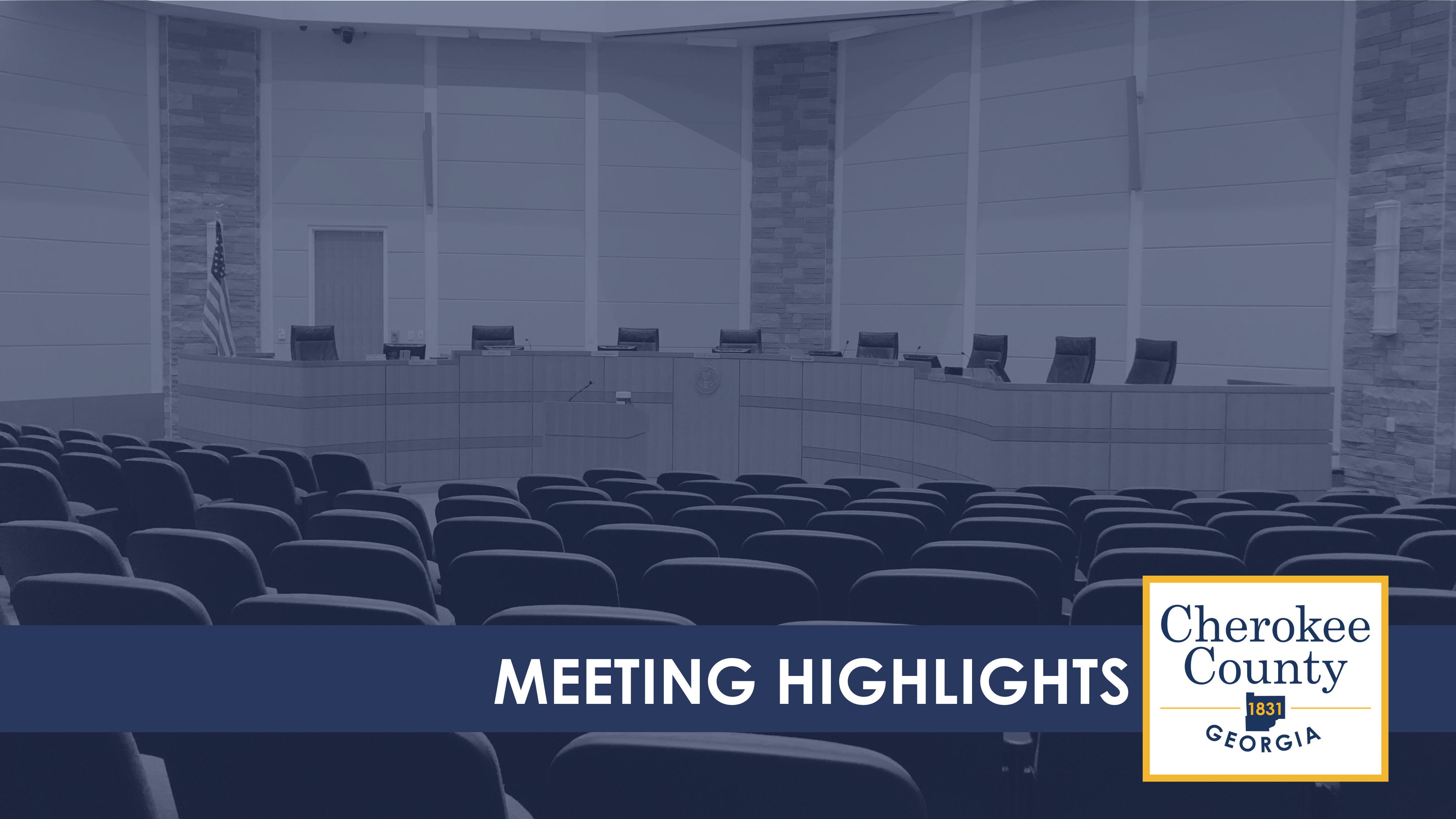 Image of empty BOC meeting room with blue overlay that reads Meeting Highlights